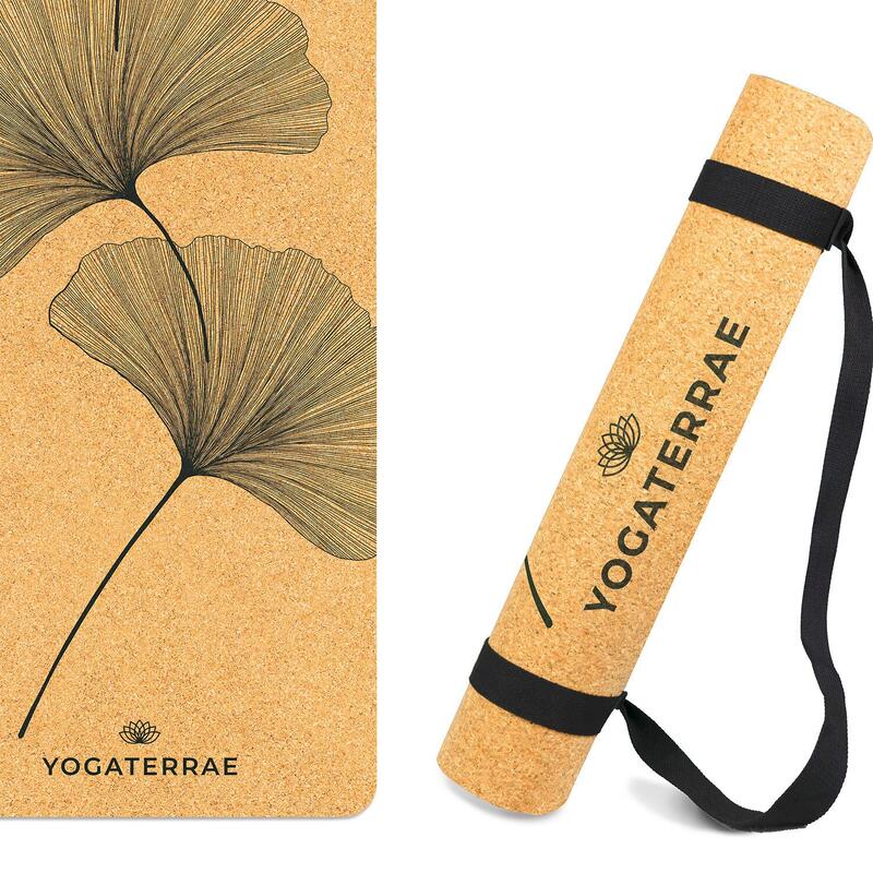 Antislip yogamat van kurk en rubber GINKGOS YIN + draag- en rekriem