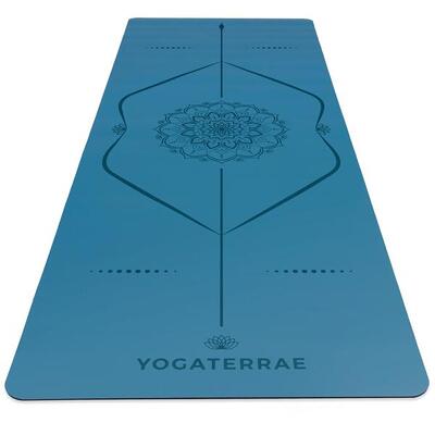 Poolblauw yogamat in pu en rubber met mandala + lichaamslijnen