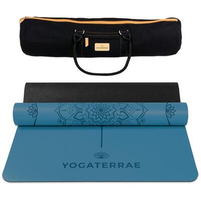 Poolblauw yogamat pu en rubber met mandala + lichaamslijnen + transport tas