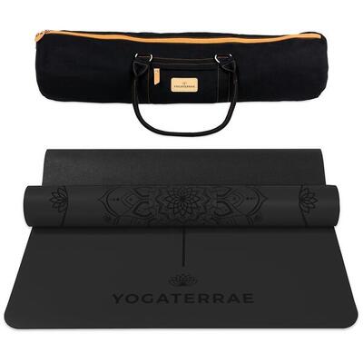 Zwarte yogamat pu en rubber met mandala + lichaamslijnen + transport tas