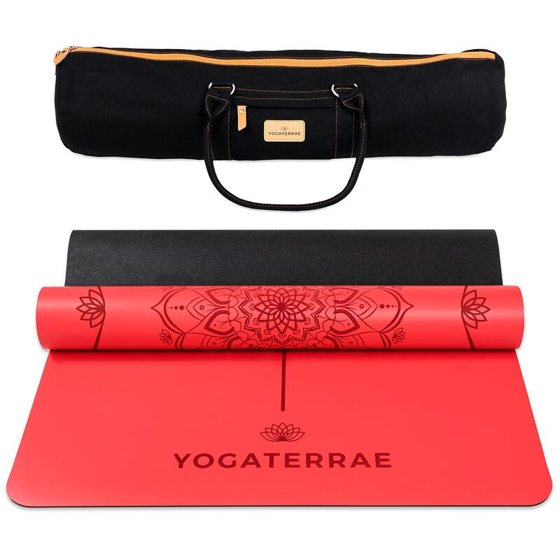 Passie Rood yogamat PU en rubber met MANDALA + LICHAAMSLIJNEN + transport tas