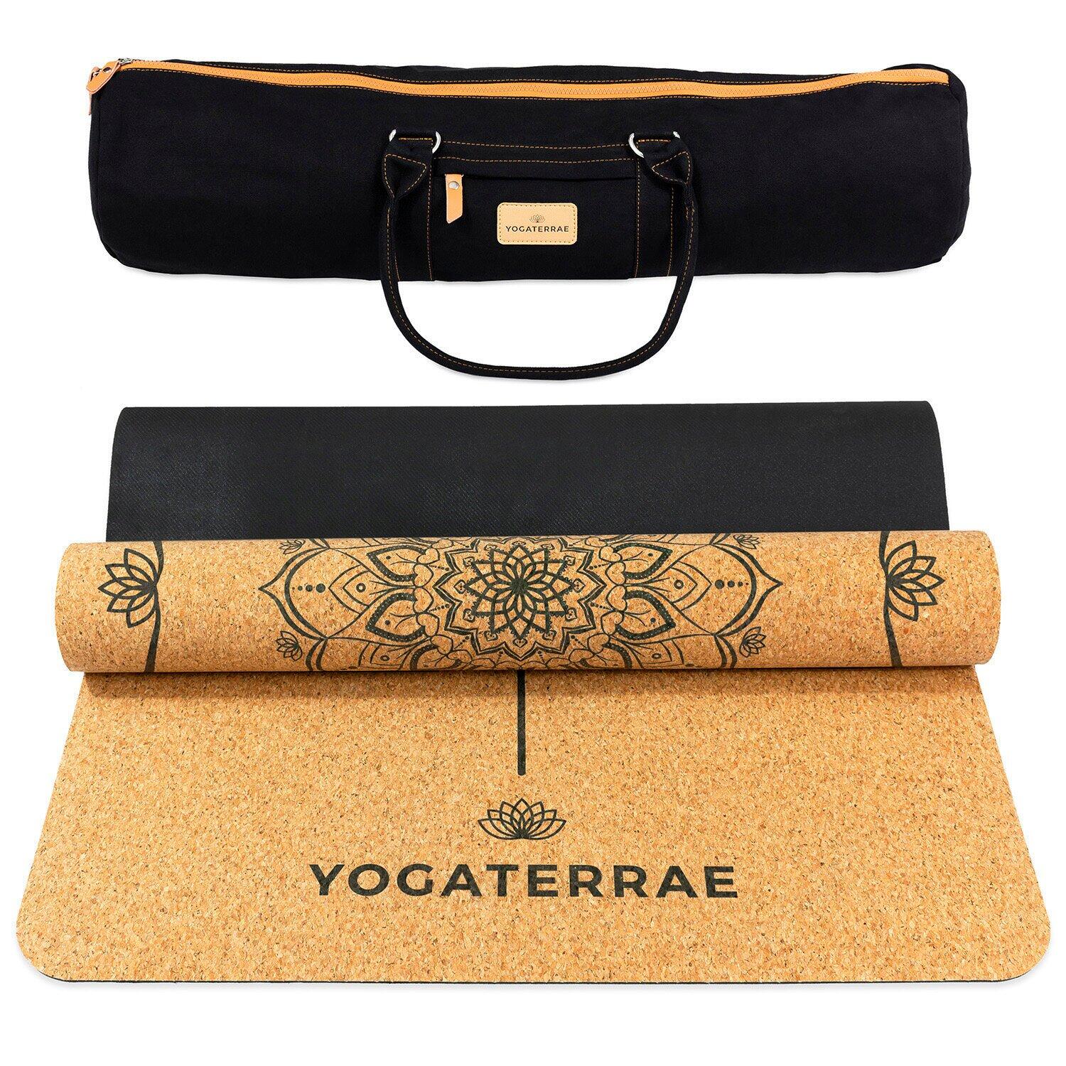 Tapete de yoga em cortiça-borracha natural mandala + alça + bolsa de transporte
