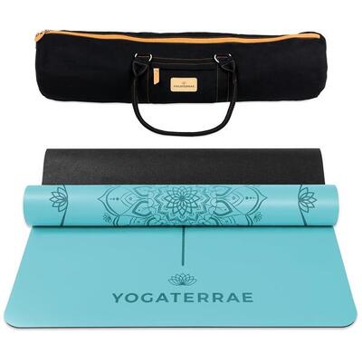 Hemelsblauwe yogamat pu en rubber mandala + lichaamslijnen + transport tas
