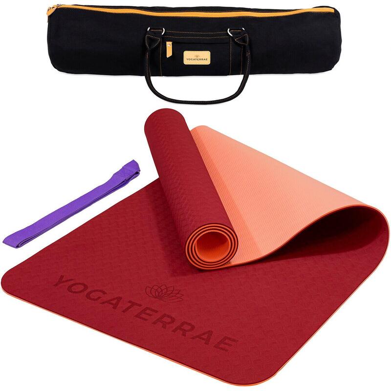 Tapis de yoga BORDEAUX CORAIL en TPE avec Sangle Coton + Sac de transport Coton