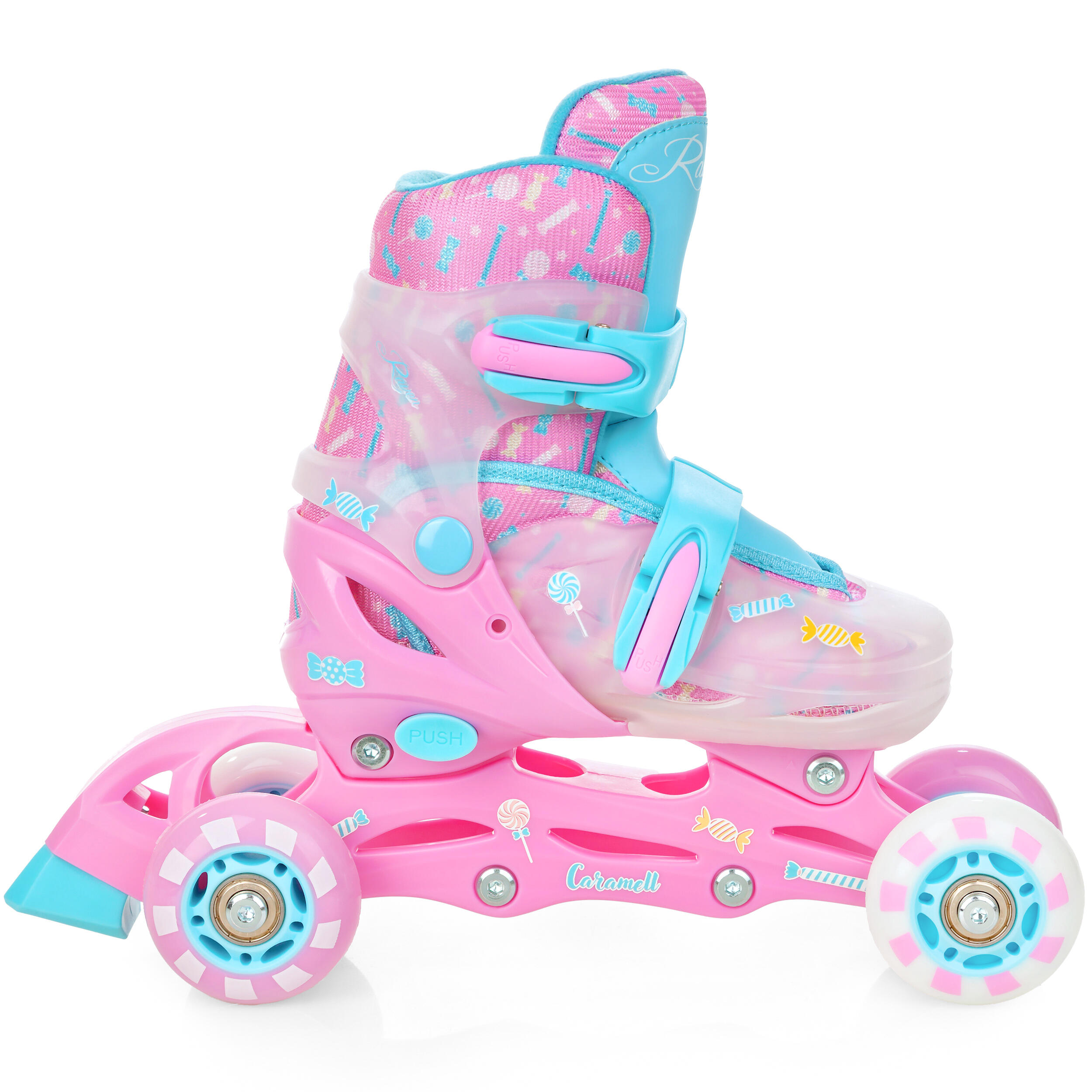 Patins de rodas 3 em 1 ajustáveis Raven Caramell Rodas LED Rosa/Azul 4/7
