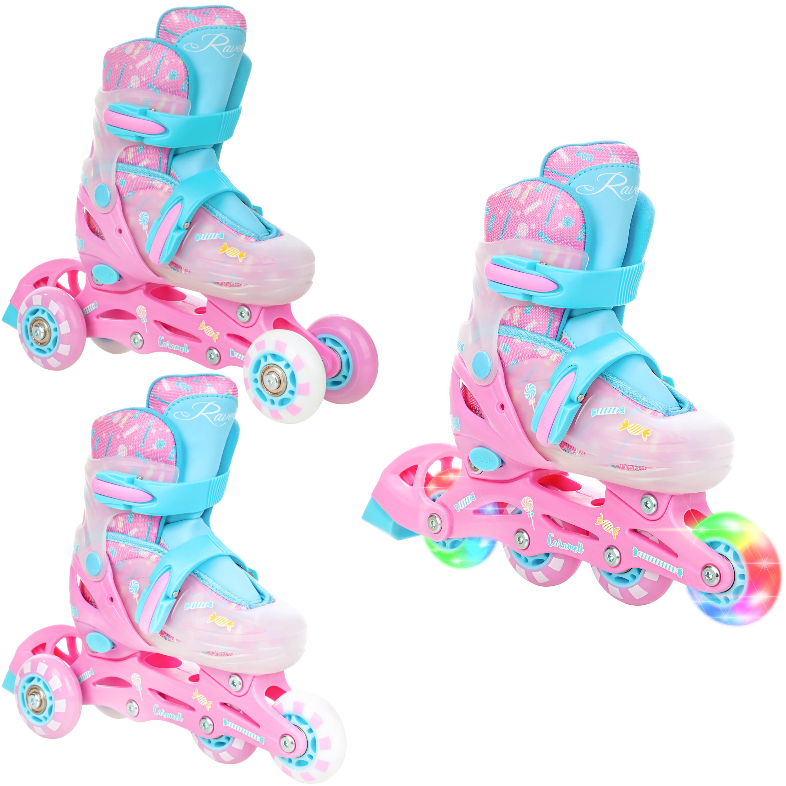 RAVEN Pattini a rotelle 3in1 ruote LED regolabili Caramell Rosa/Blu