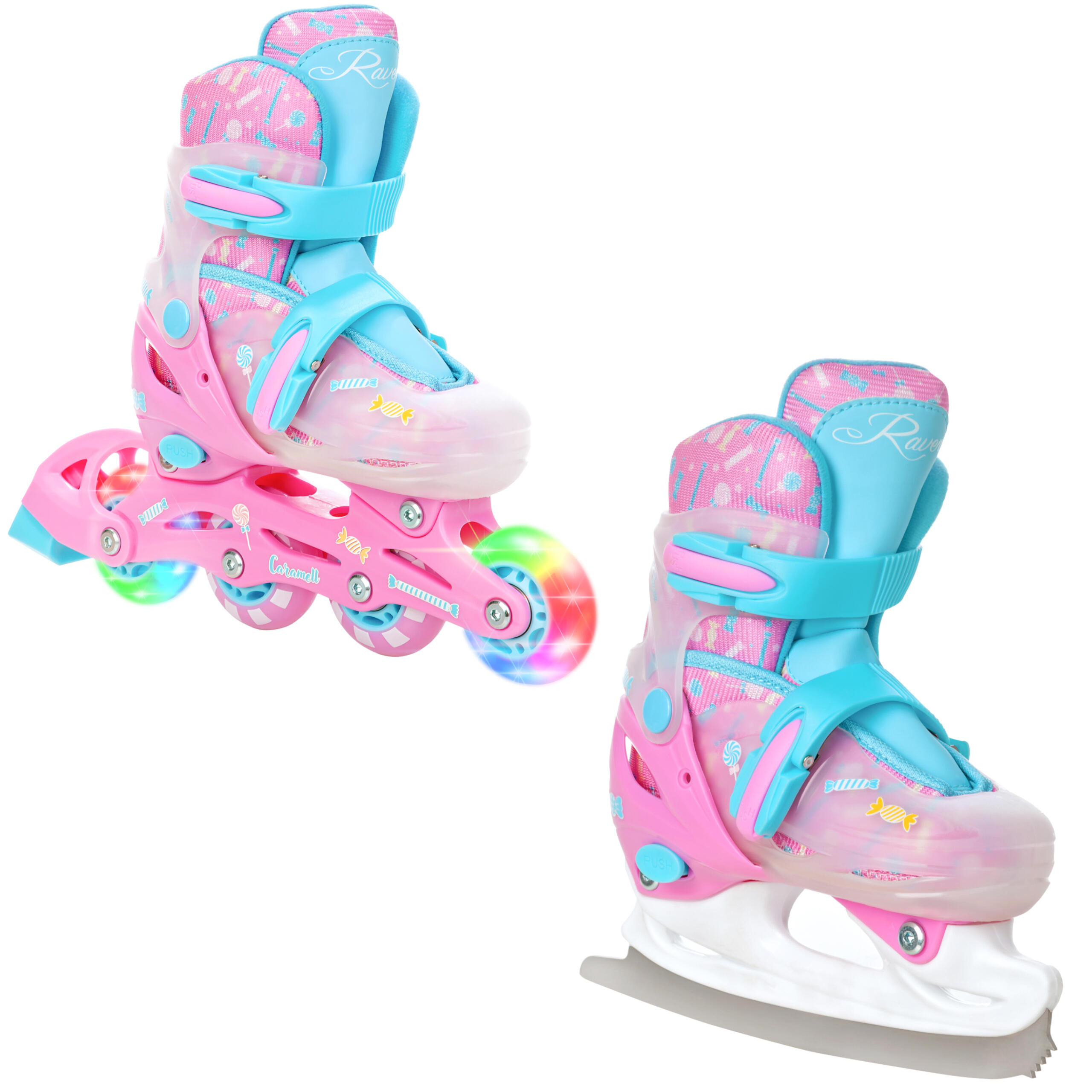 Raven - Patins Artistiques 2en1 Roues Led Ajustables Caramell Rose/bleu - Rollers En Ligne - Bleu|rose - 30/33 - Decathlon