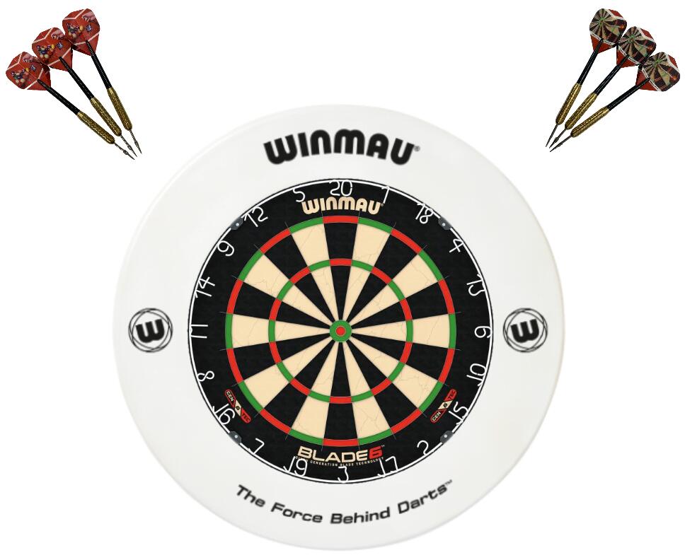 Winmau Blade 6 Dart Board + White Printed Dartboard Surround + Darts Set
