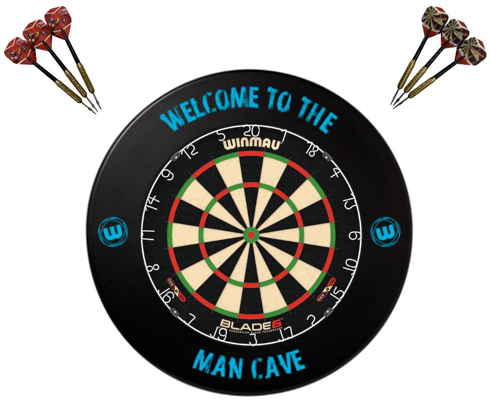 Winmau Blade 6 Dart Board + Man Cave Dartboard Surround + Darts Set