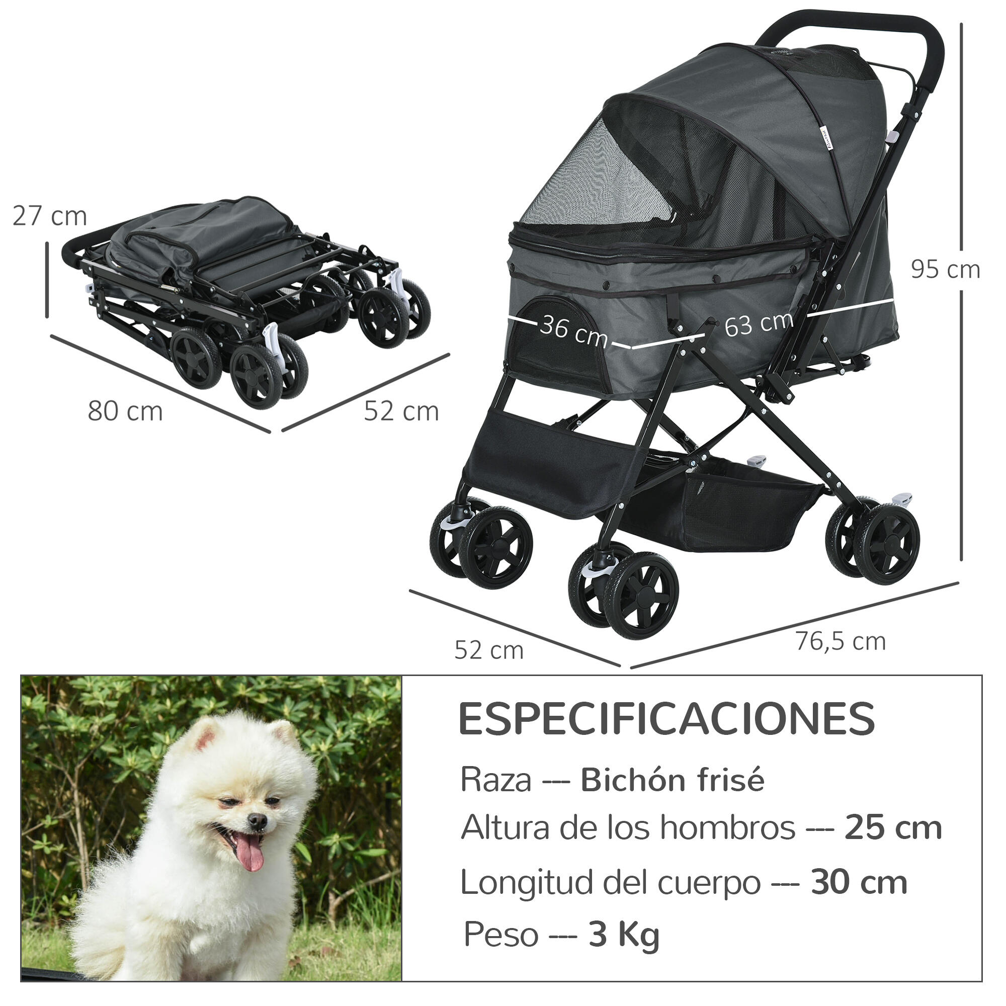 Carrinho para Cães e Gatos PawHut 76.5x52x95 cm Cinzento 3/7