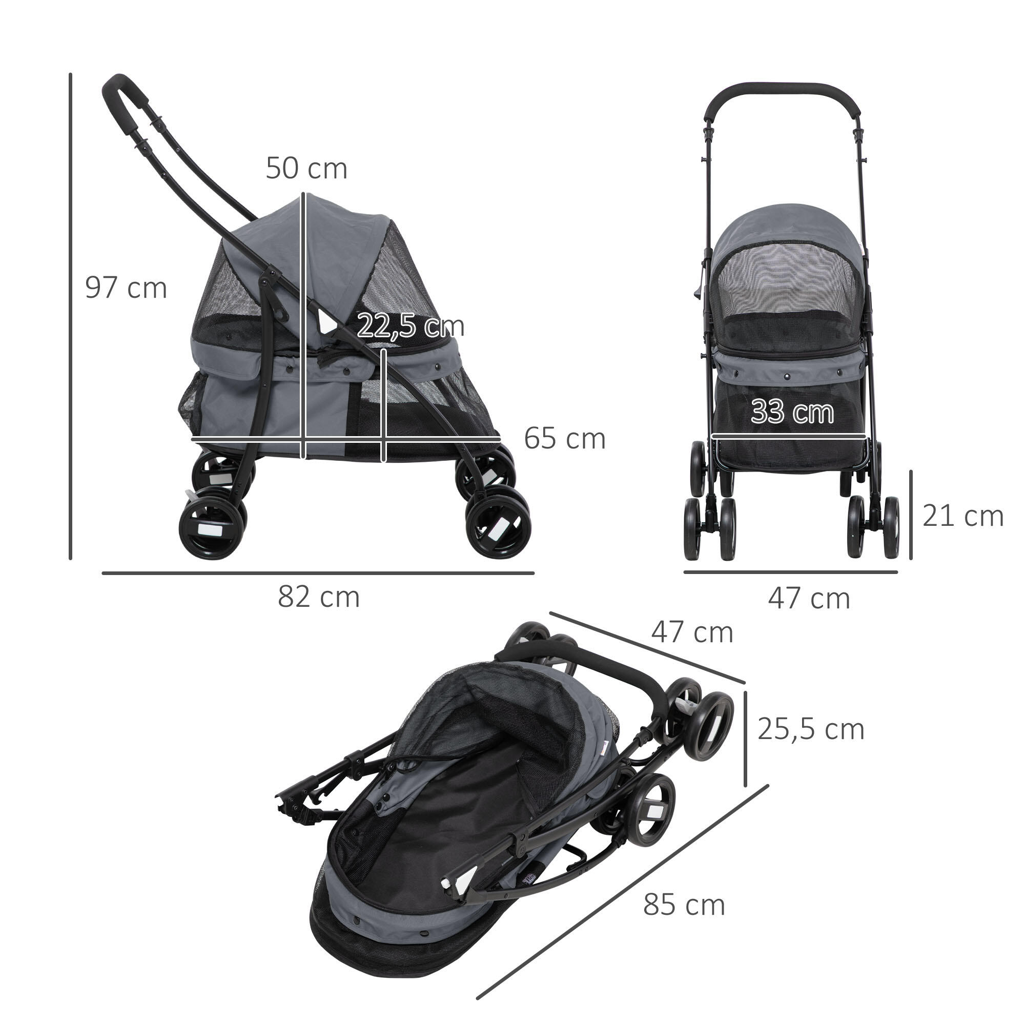 Cochecito para mascotas plegable con ventanas PawHut 82x47x97 cm gris 3/7