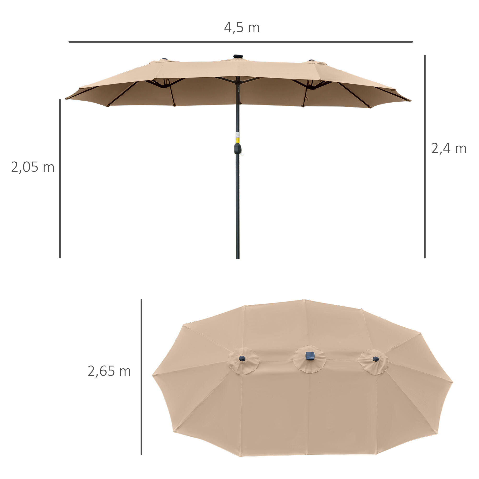 Chapéu de Sol Duplo de Jardim Outsunny 450x265x240 cm Cáqui 3/7