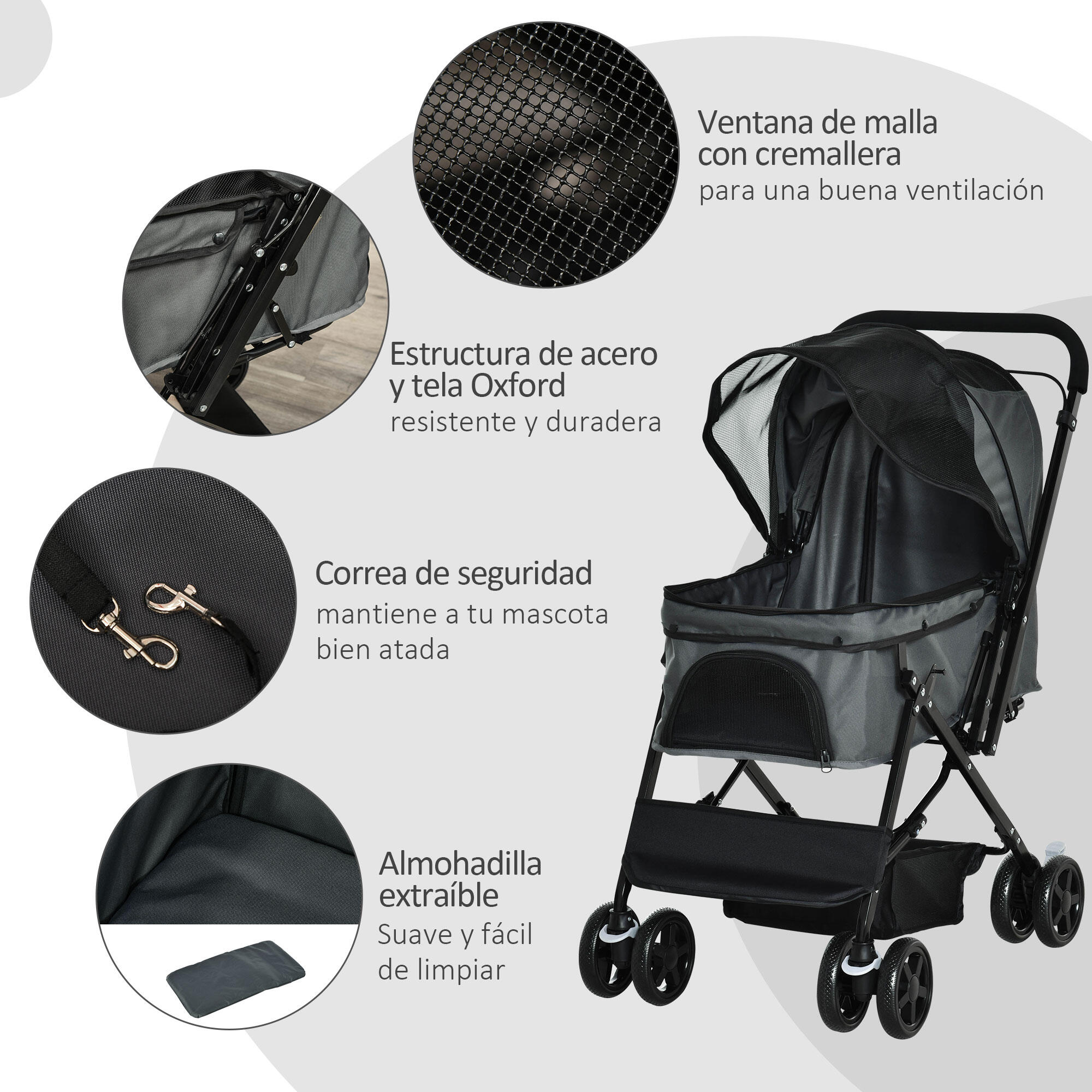 Carrinho para Cães e Gatos PawHut 76.5x52x95 cm Cinzento 4/7