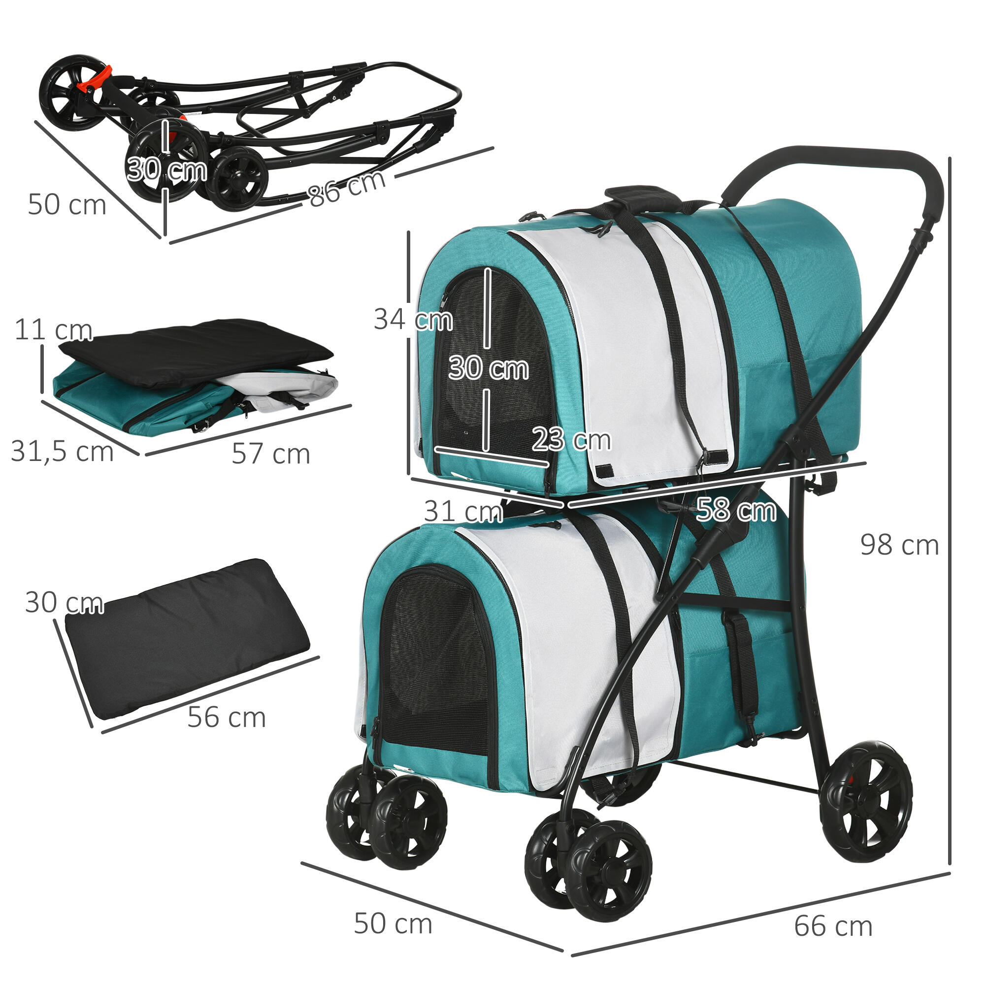 Cochecito doble para perros plegable PawHut 66x50x98 cm verde 3/6