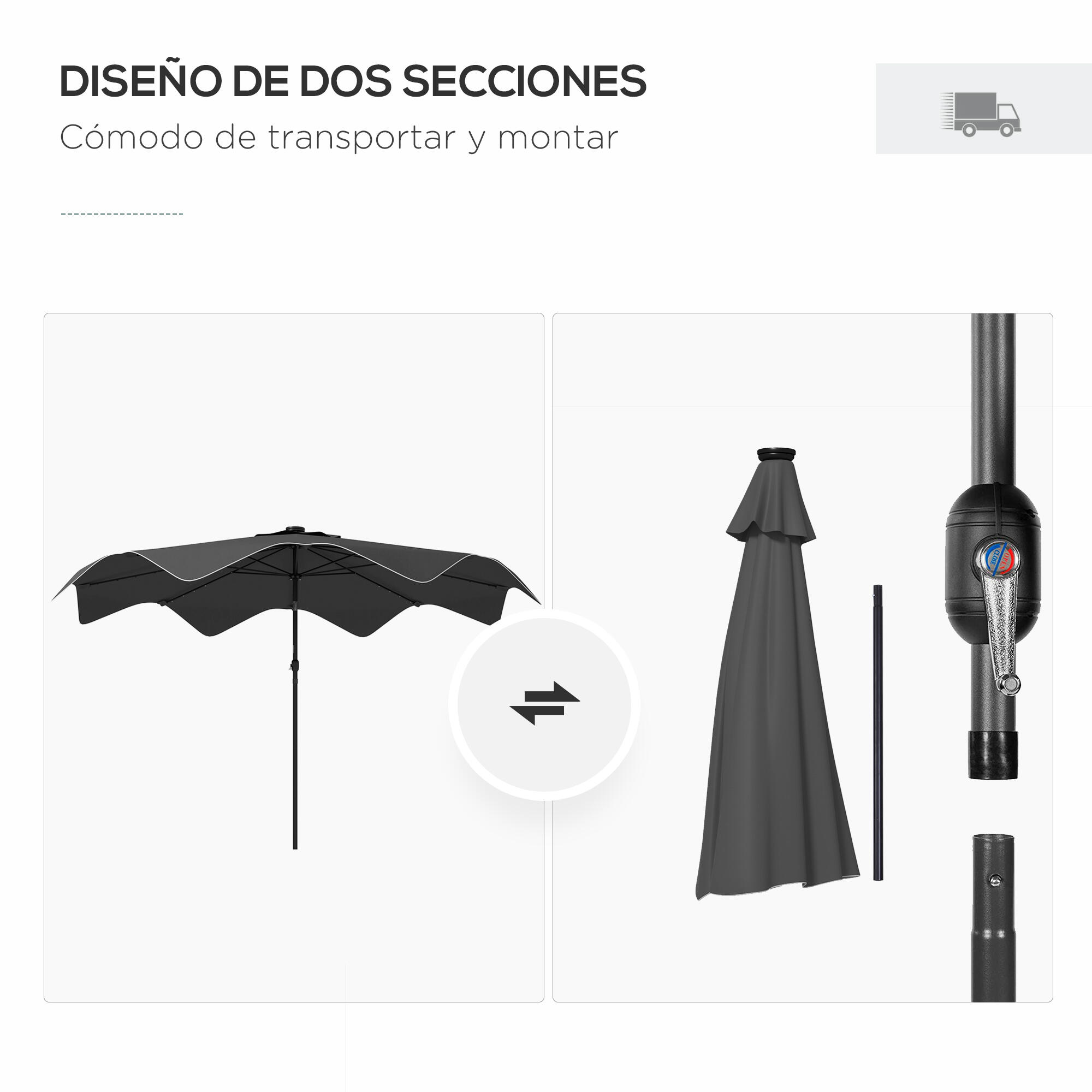 Sombrilla Outsunny 292x292x248 cm Gris Oscuro 4/7