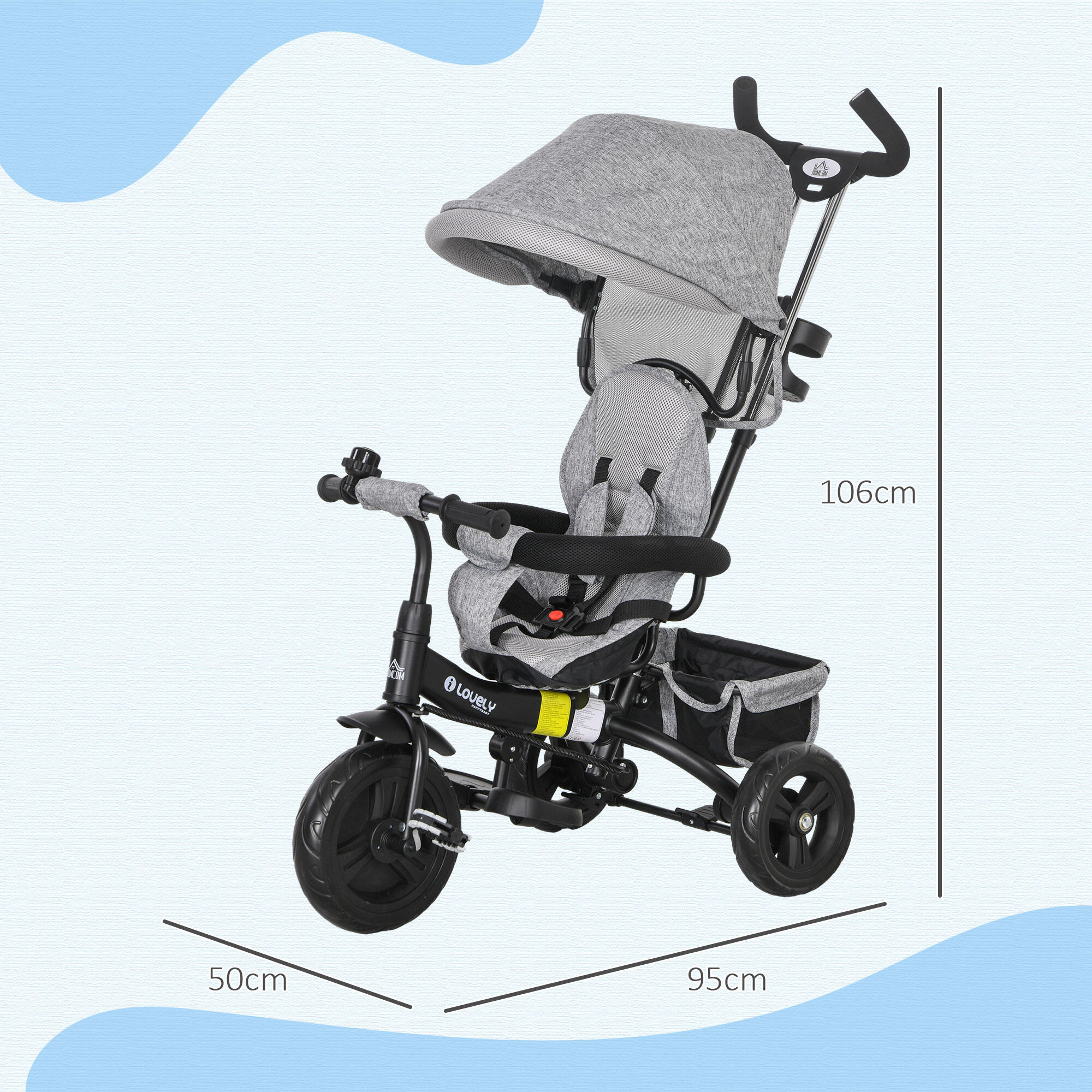 Triciclo para bebés 95x50x106 cm cinzento HOMCOM 3/7