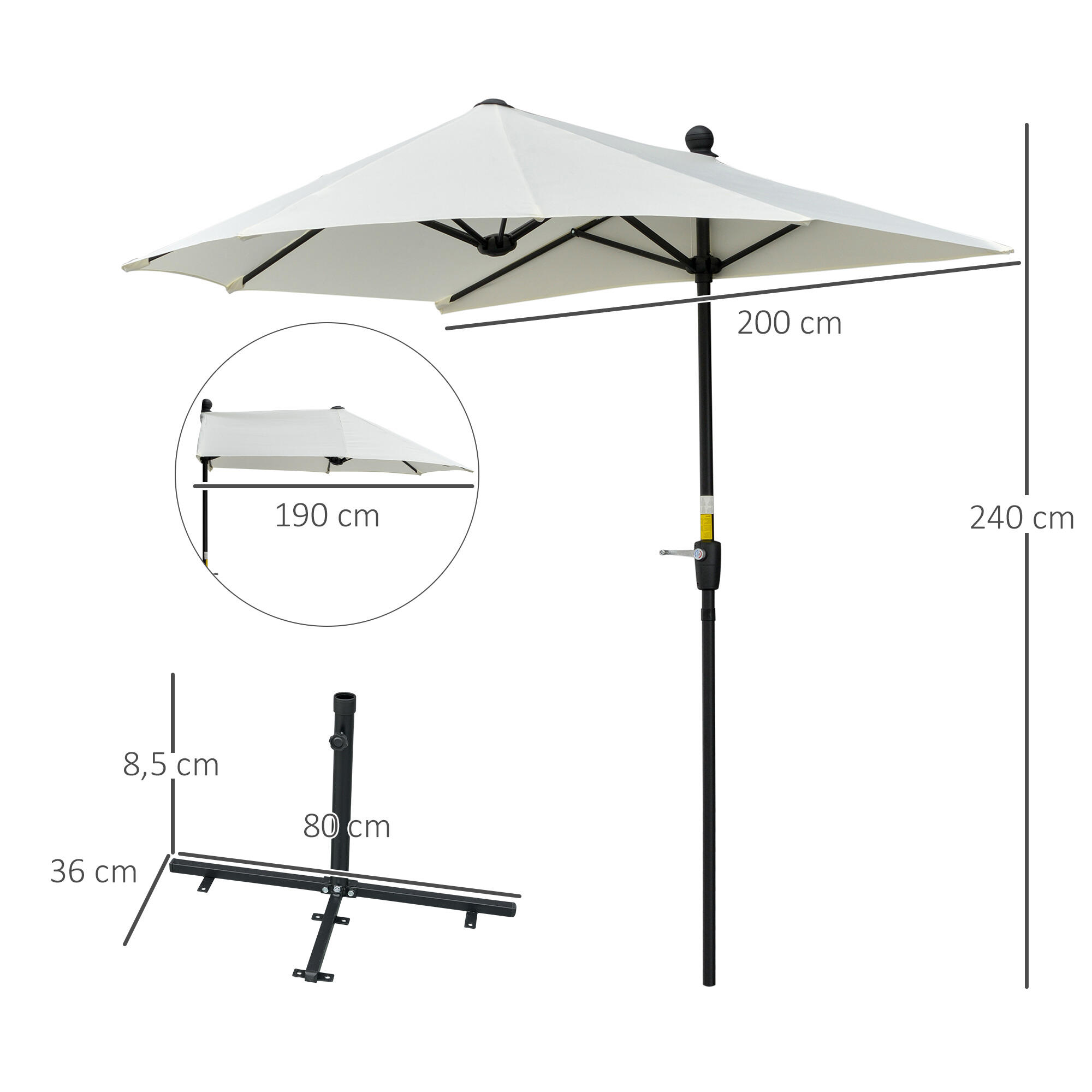 Sombrilla de Pared Outsunny 190x200x240 cm Crema 3/7