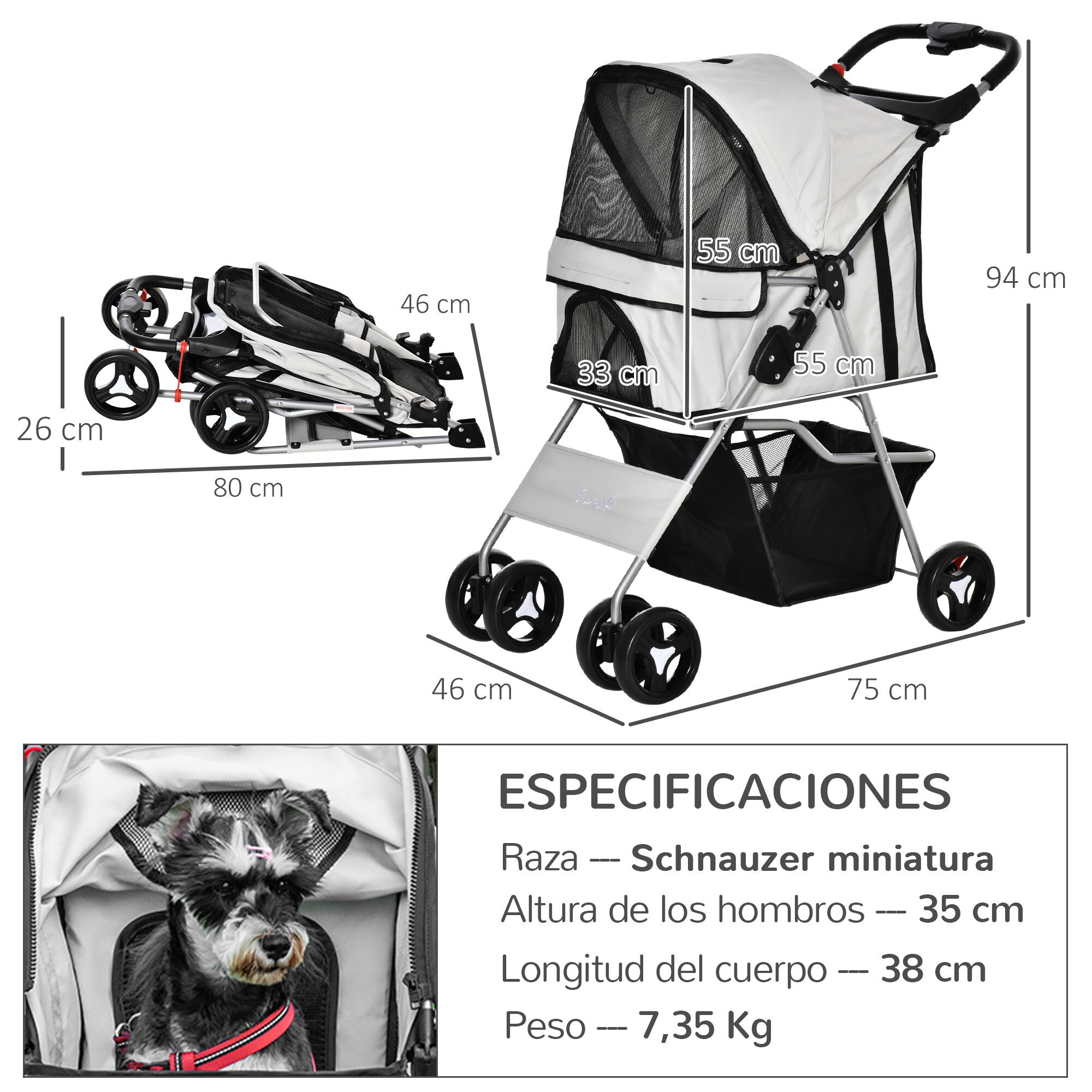 Cochecito para Mascotas PawHut 77x45x99.5 cm Gris 3/7