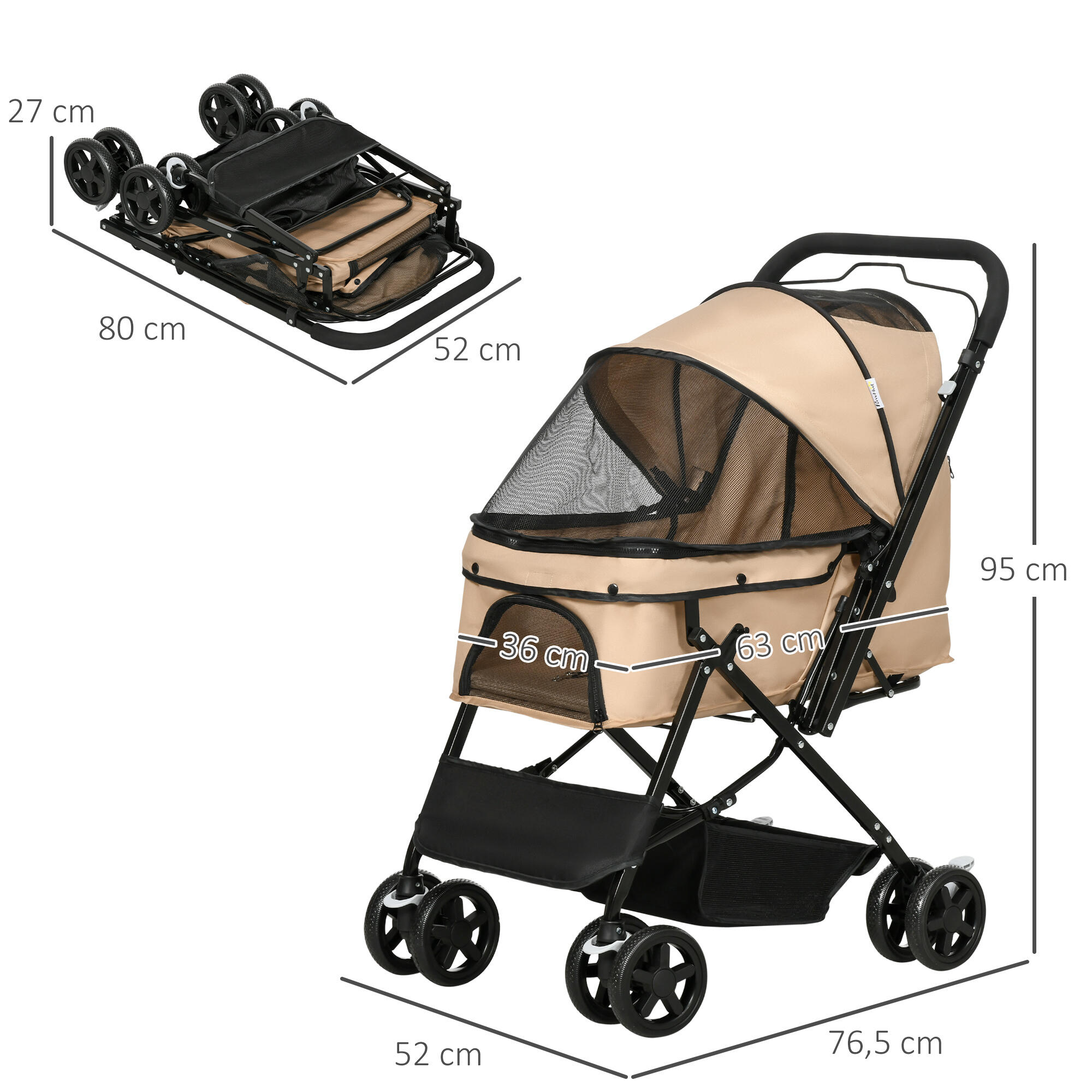 Cochecito para Mascotas PawHut 76.5x52x95 cm Marrón 3/7