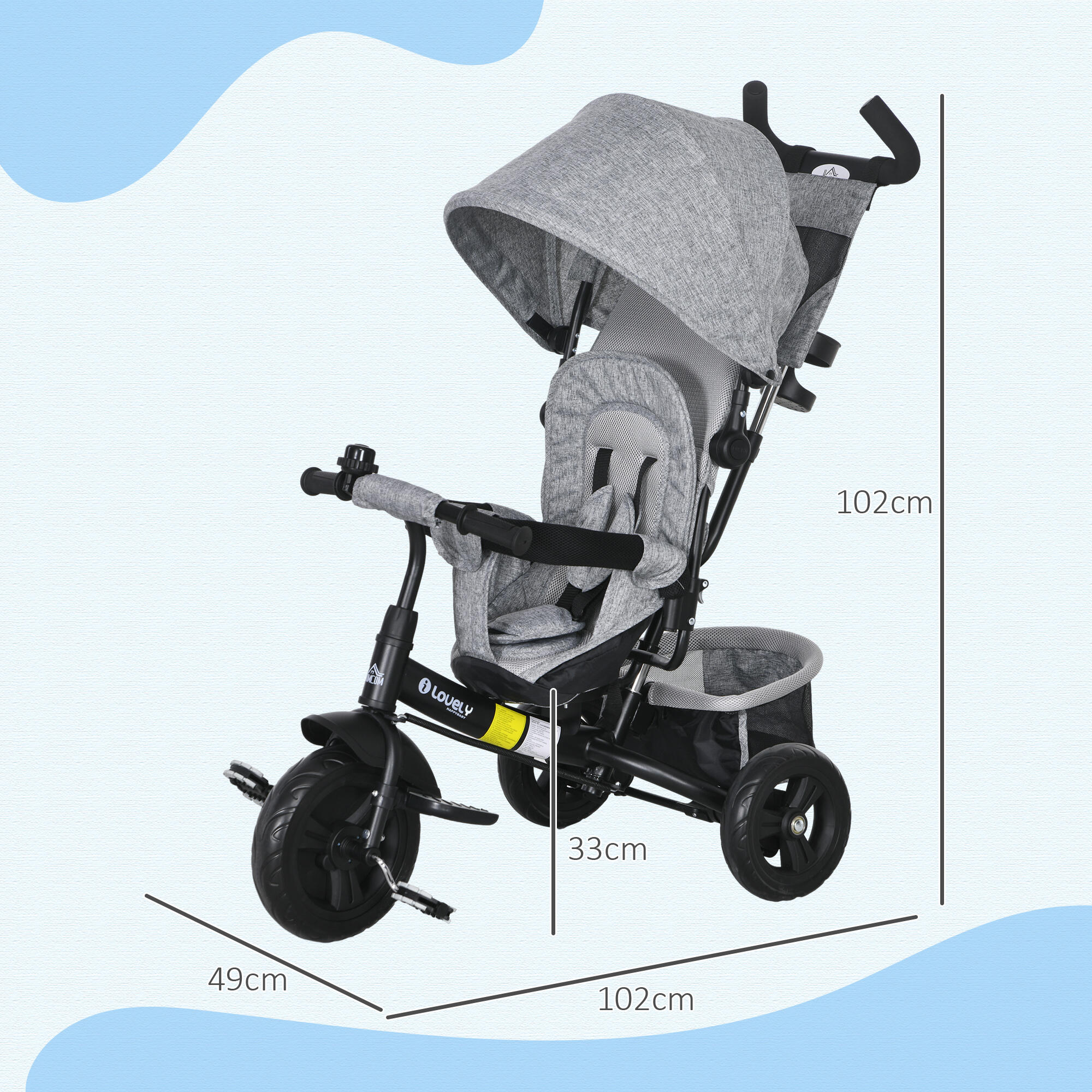 Triciclo para bebés 102x49x102 cm cinzento 3/7