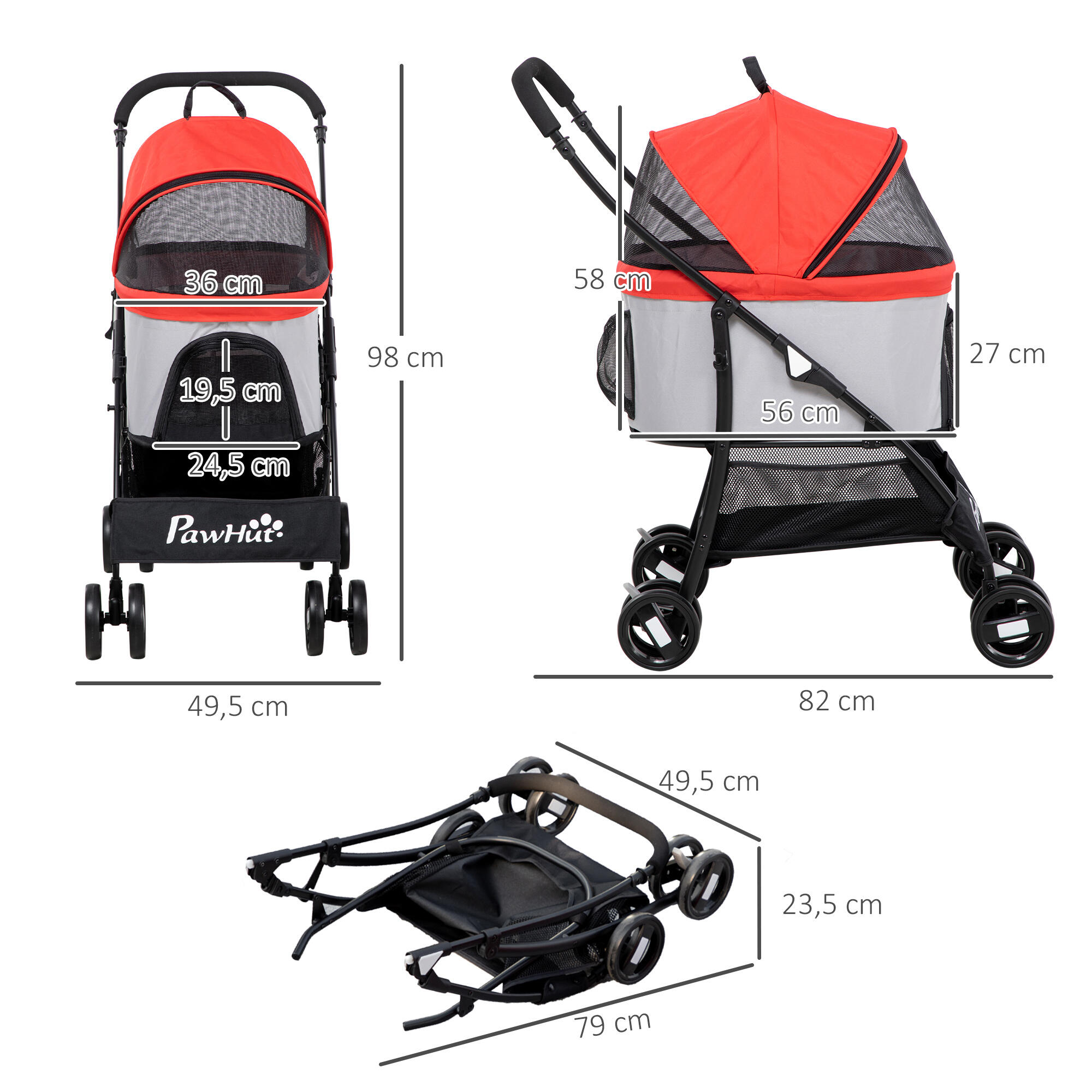 3 en 1 Cochecito para mascotas desmontable PawHut 82x49,5x98 cm rojo 3/7