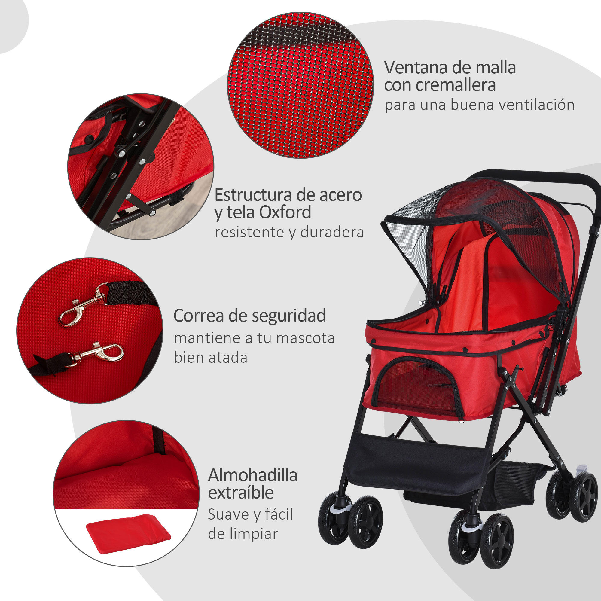 Cochecito para Mascotas PawHut 76,5x52x95 cm Rojo 4/7