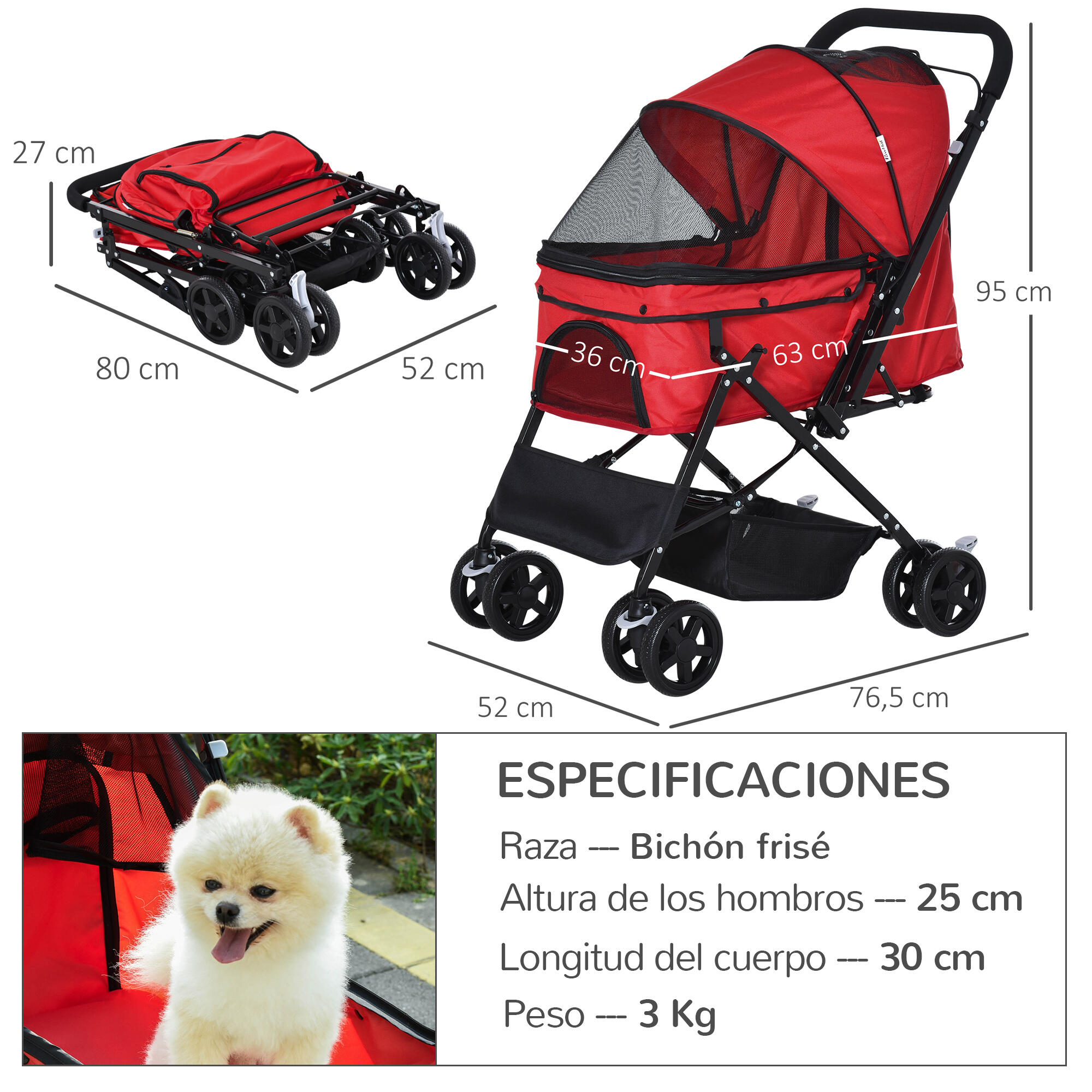 Cochecito para Mascotas PawHut 76,5x52x95 cm Rojo 3/7
