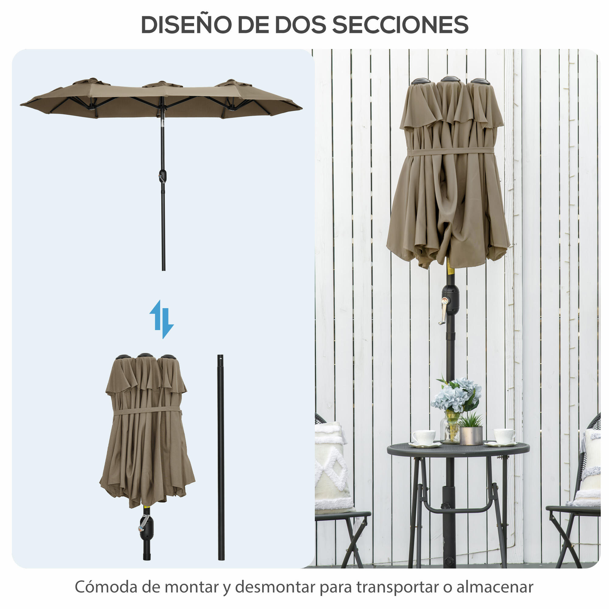 Sombrilla doble con inclinación de 45° Outsunny 285x147x227 cm gris 4/7