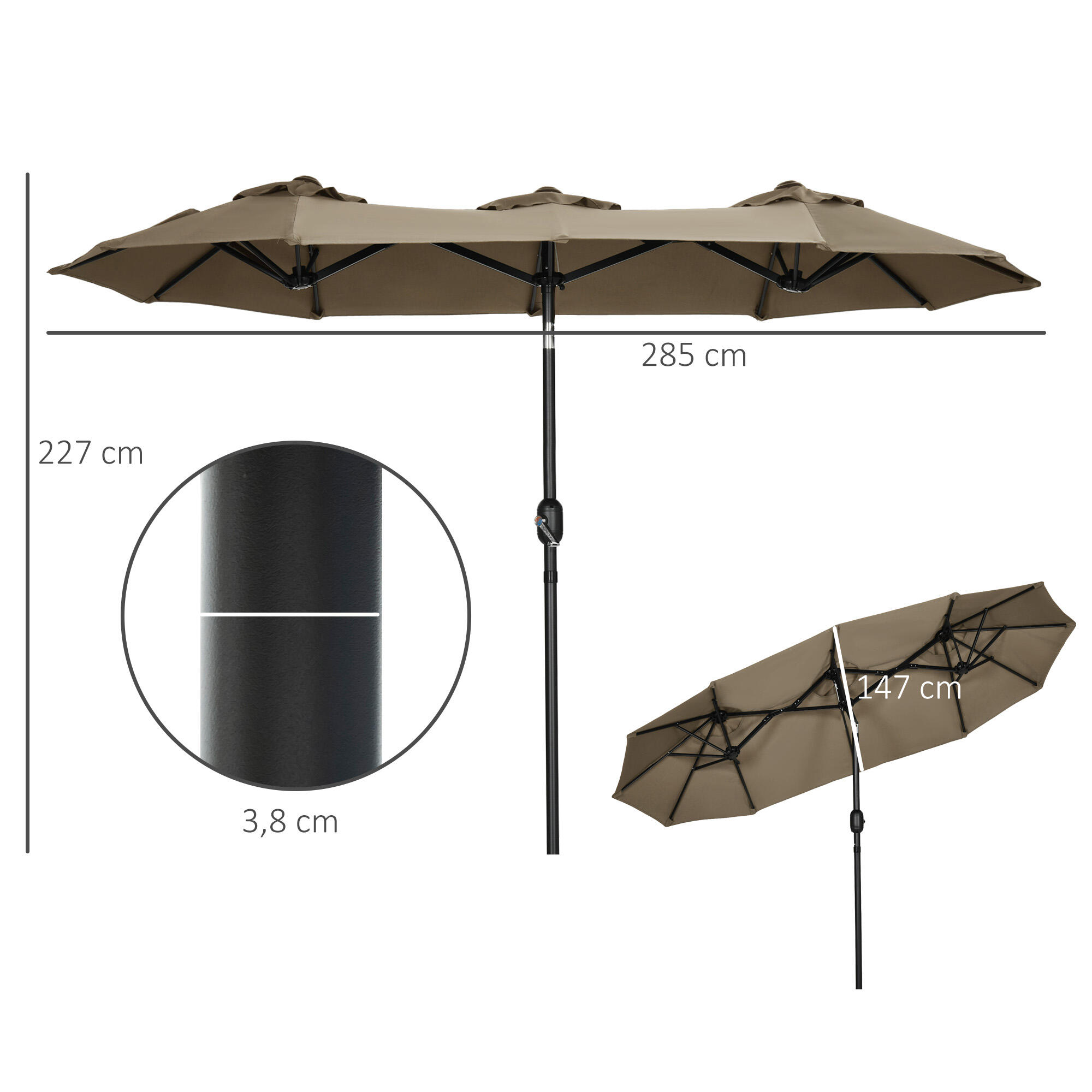 Sombrilla doble con inclinación de 45° Outsunny 285x147x227 cm gris 3/7