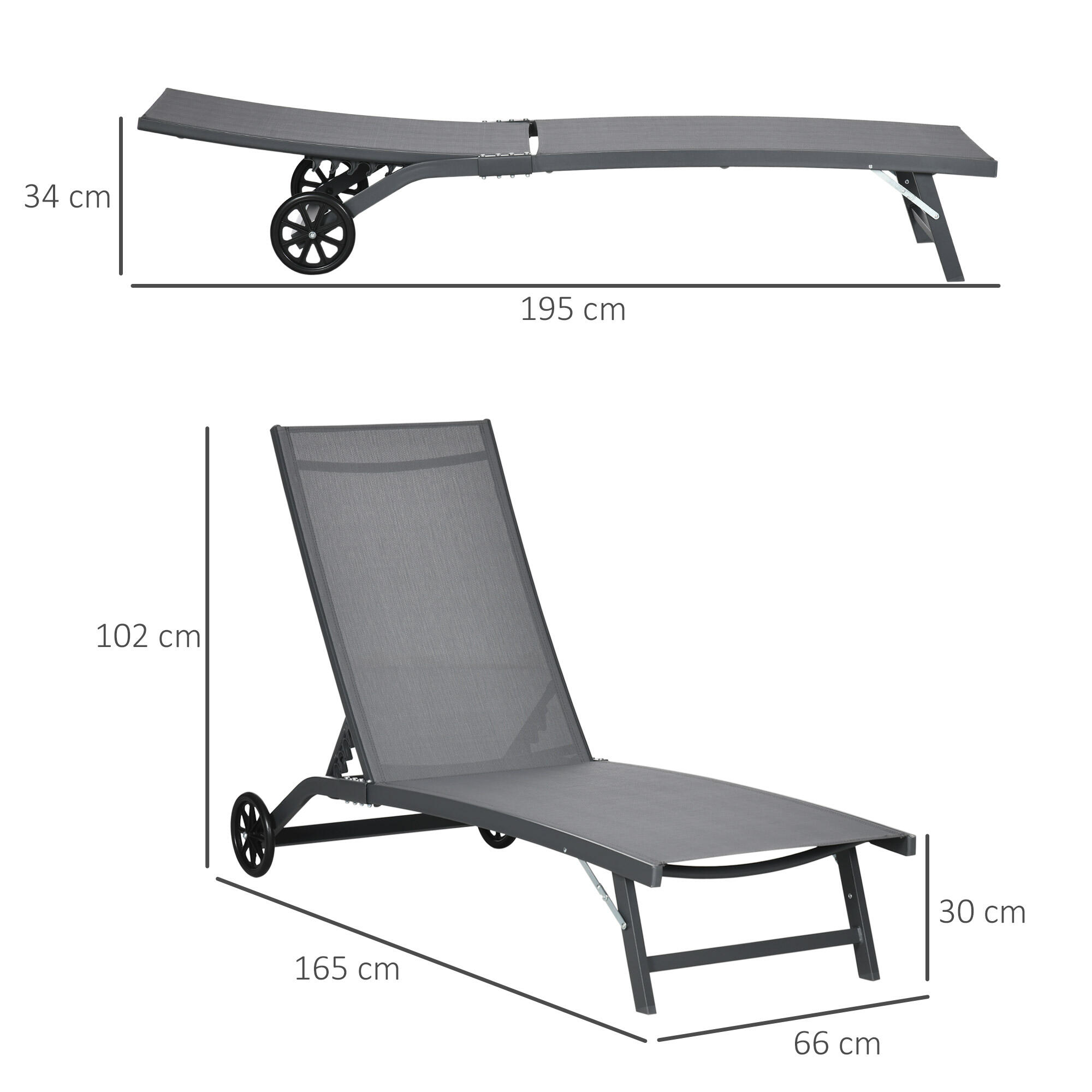 Espreguiçadeiras reclináveis 165x66x102cm cinza escuro/cinza de carvão Outsunny 3/7