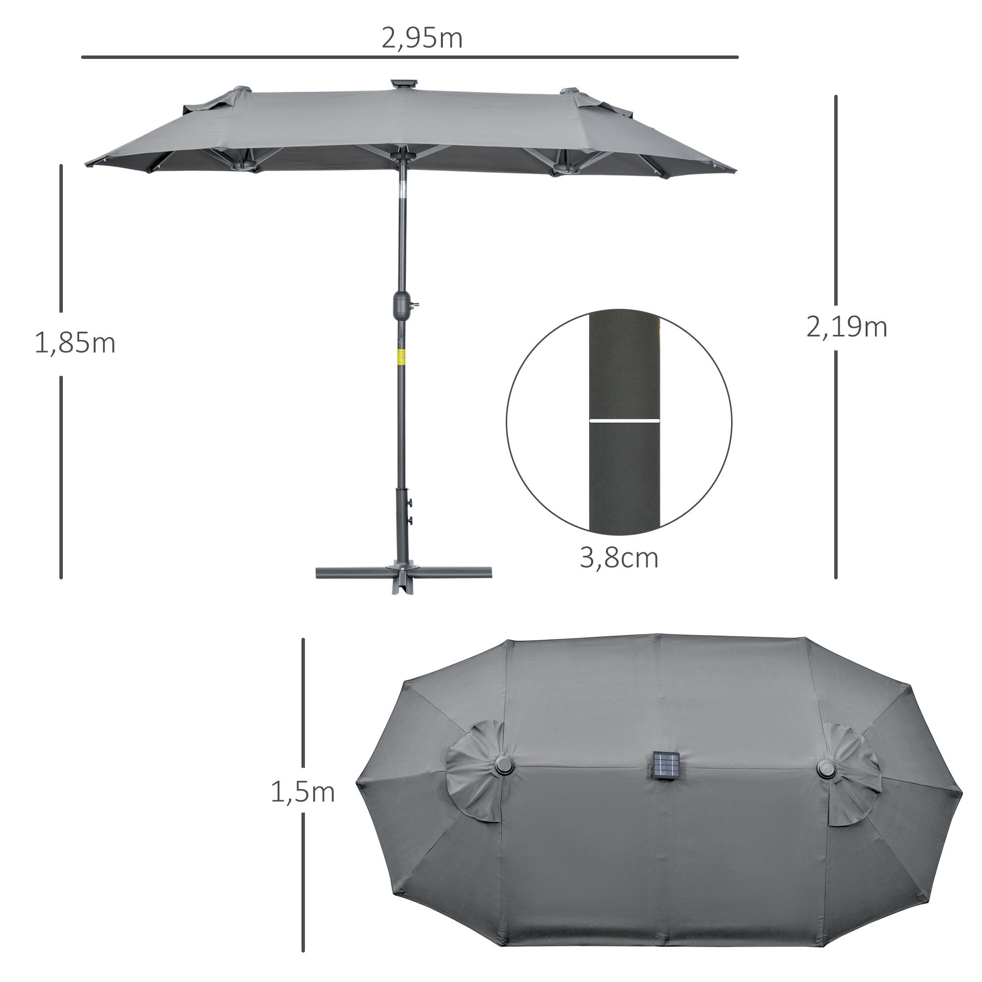 Sombrilla Doble Outsunny 295x150x219 cm Gris 3/7