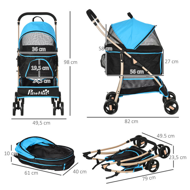 3 en 1 Cochecito para mascotas desmontable PawHut 82x49,5x98 cm azul