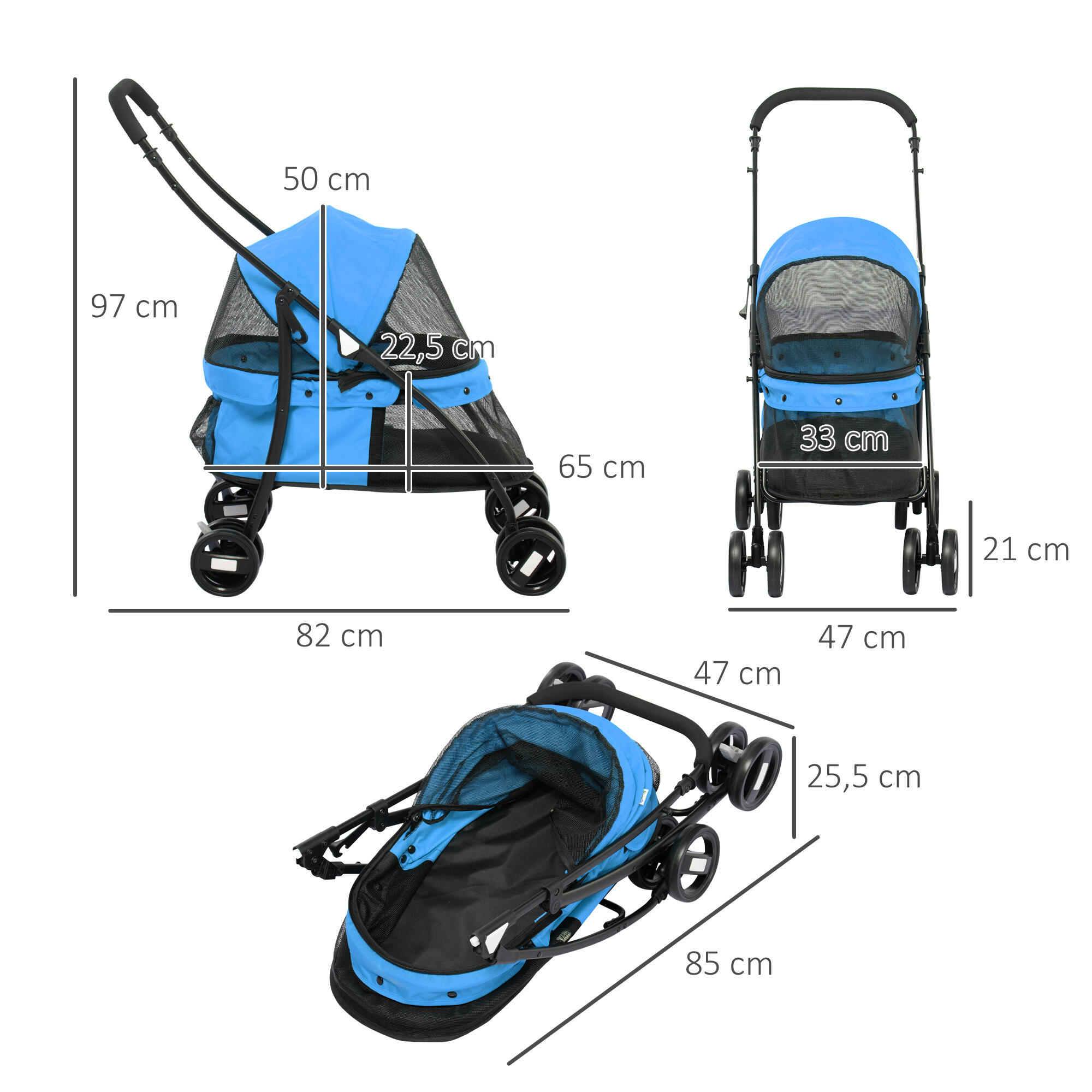 Cochecito para Mascota PawHut 82x47x97 cm Azul 3/7