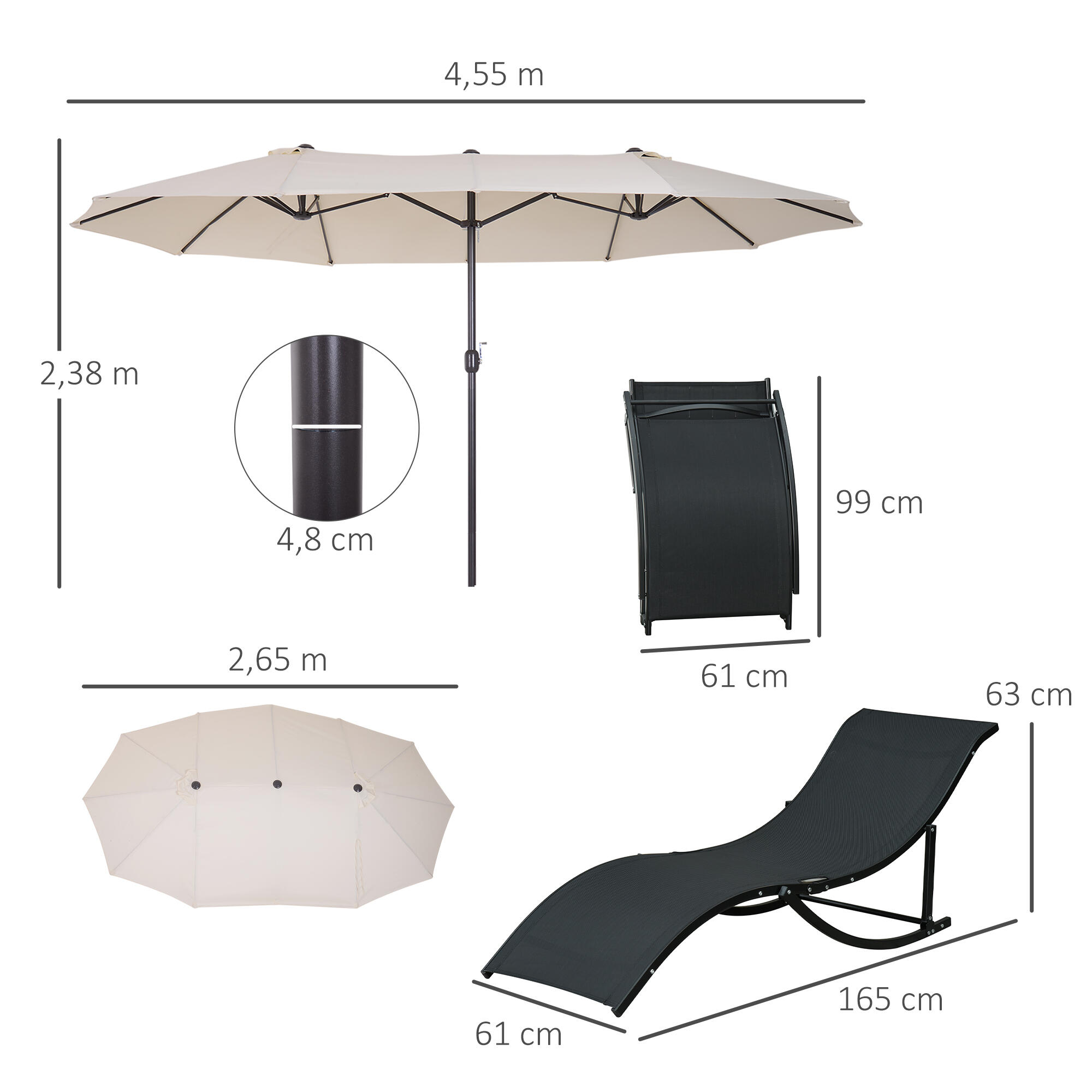 Sombrilla y Tumbonas Outsunny 165x61x63 cm Beige y Negro 3/7