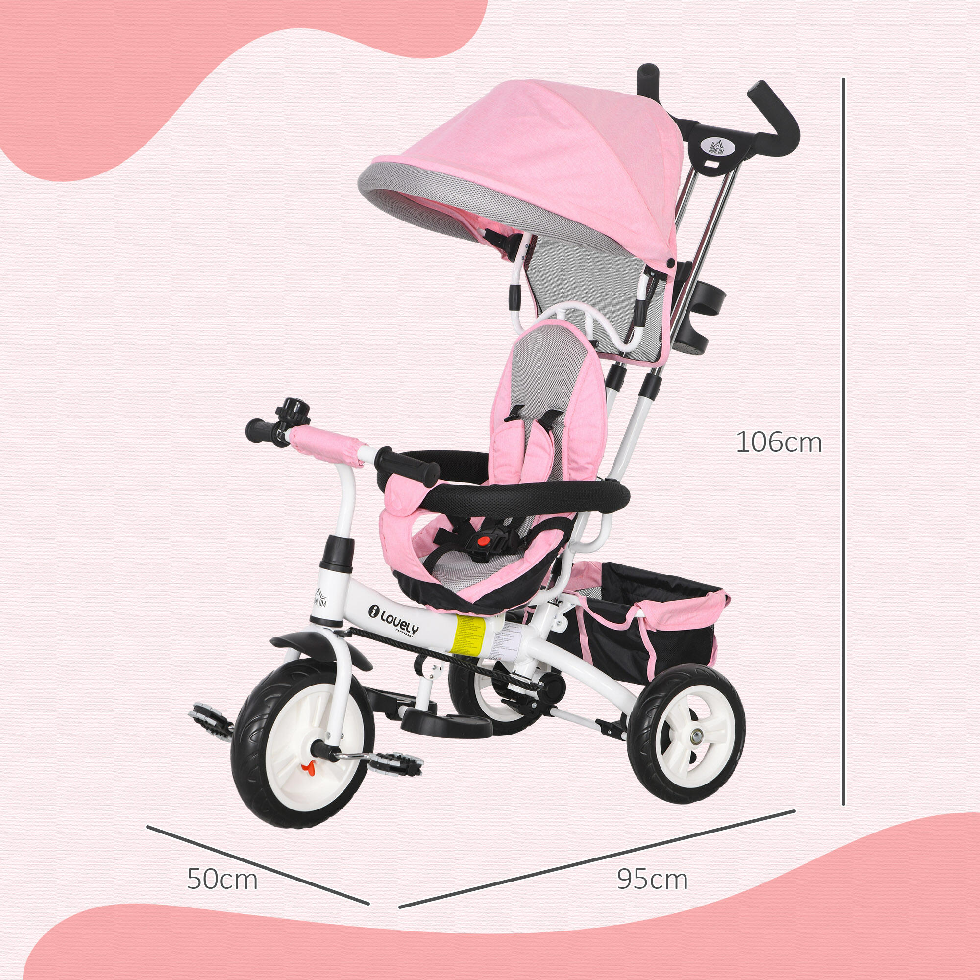 Triciclo para bebés 95x50x106 cm rosa HOMCOM 3/7