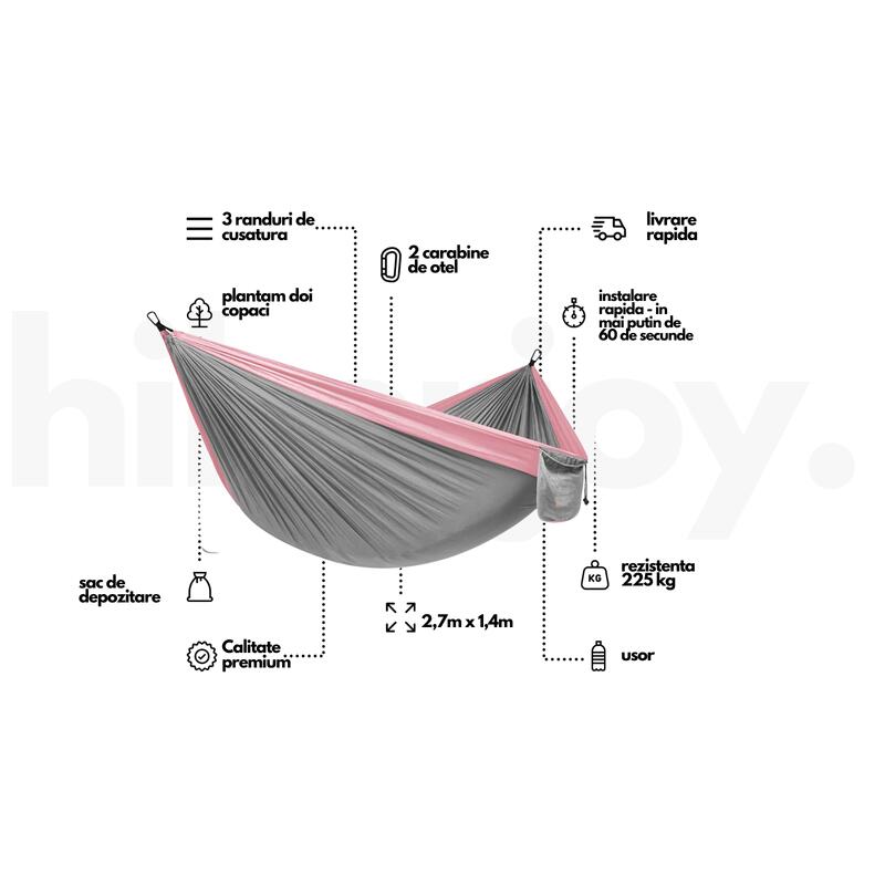 Hamac hikerjoy tip parasuta, portabil, outdoor, 270x140 cm,chingi si carabine