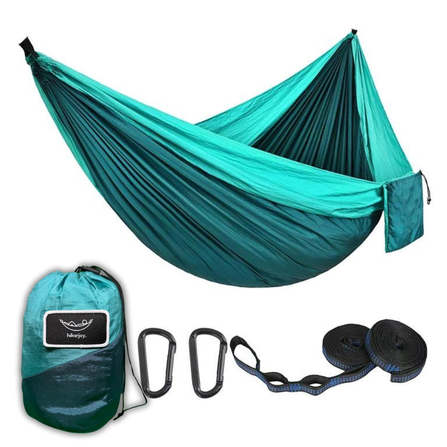 Hamac hikerjoy,270x140 cm,curele prindere si carabine incluse, verde cu turqoise