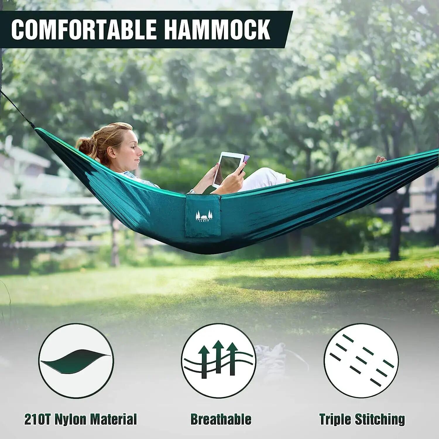 Hamac hikerjoy,270x140 cm,curele prindere si carabine incluse, verde cu turqoise 6/7