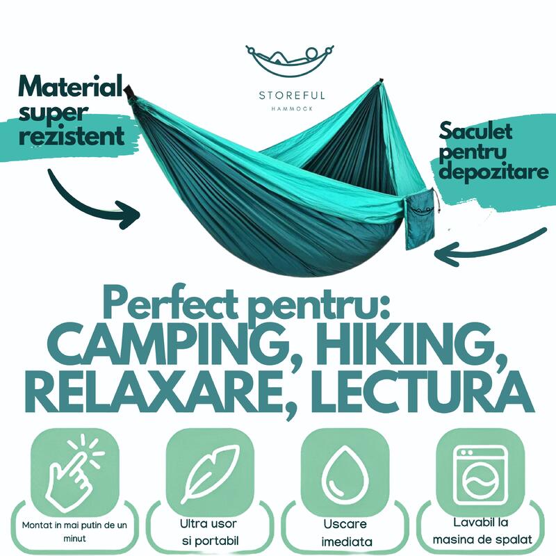 Hamac hikerjoy,270x140 cm,curele prindere si carabine incluse, verde cu turqoise