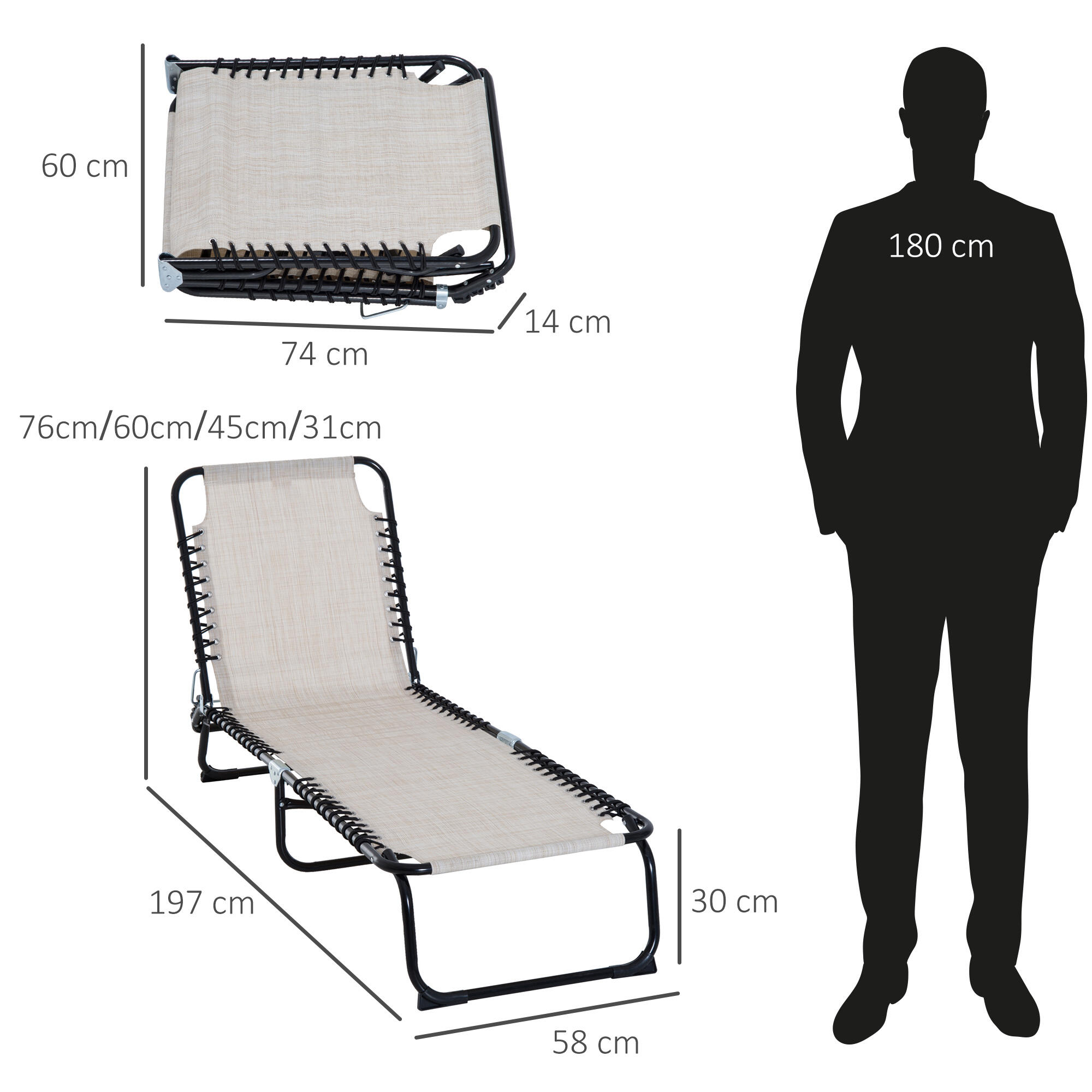 Tumbona Reclinable Outsunny 197x58x30 cm Crema 3/8