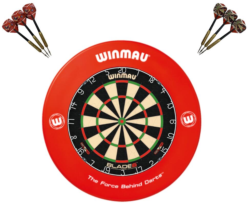 Winmau Blade 6 Dart Board + Red Printed Dartboard Surround + Darts Set