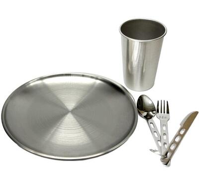 Camping-Essbesteck & tiefer Edelstahl Teller Becher 350 ml Besteck