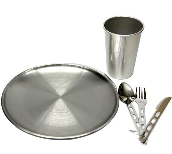 Camping-Essbesteck & tiefer Edelstahl Teller Becher 350 ml Besteck