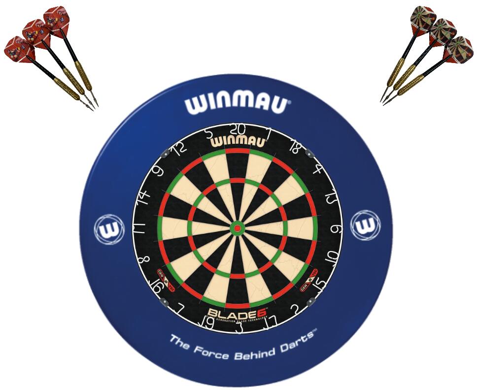 Winmau Blade 6 Dart Board + Blue Printed Dartboard Surround + Darts Set