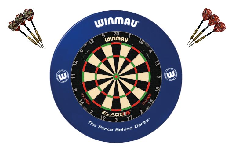 Winmau Blade 6 TRIPLE CORE Dart Board + Blue Printed Dartboard Surround + Darts