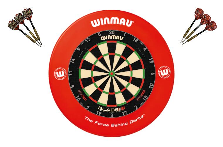 Winmau Blade 6 TRIPLE CORE Dart Board + Red Printed Dartboard Surround + Darts