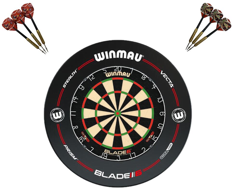 Winmau Blade 6 Dart Board + Pro-Line Dartboard Surround + Darts Set