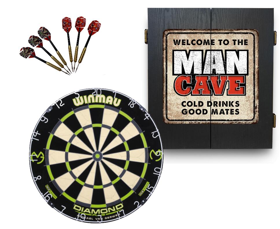 Winmau MVG Diamond Plus Dart Board + Welcome to the Man Cave Dartboard Cabinet