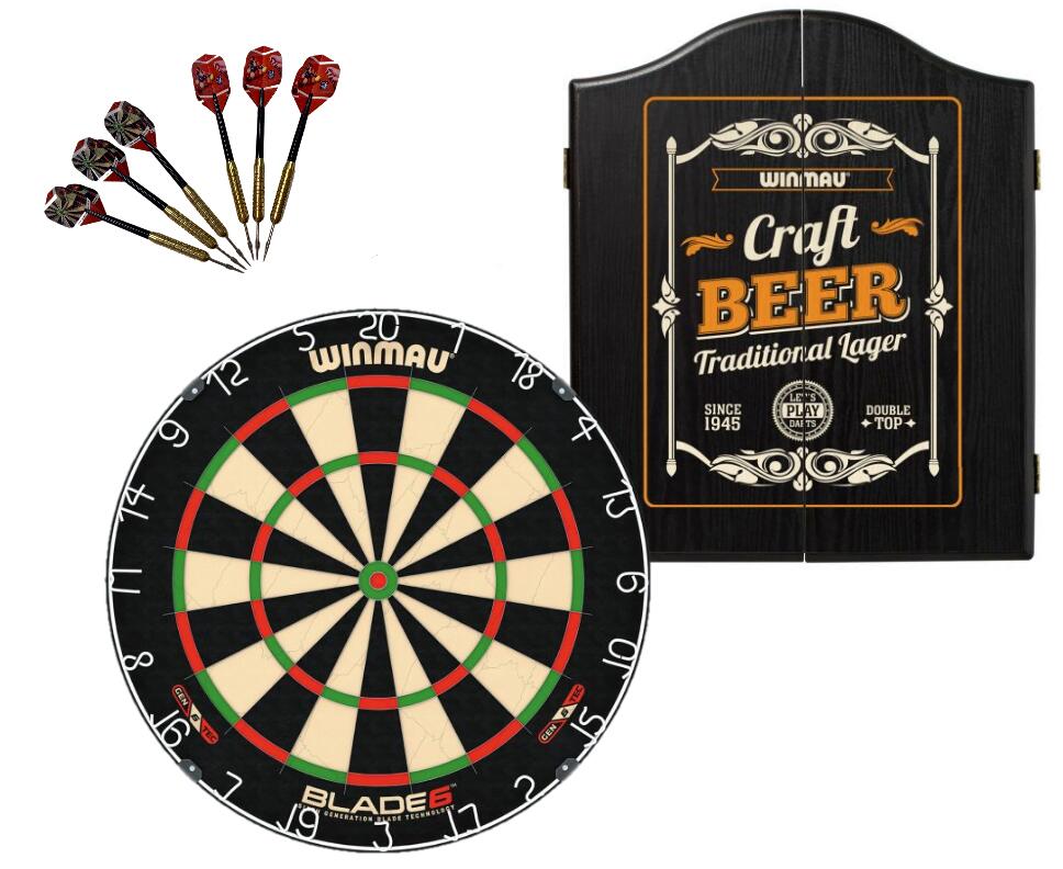 Winmau Blade 6 Dart Board + Craft Beer Dartboard Cabinet + Darts Set