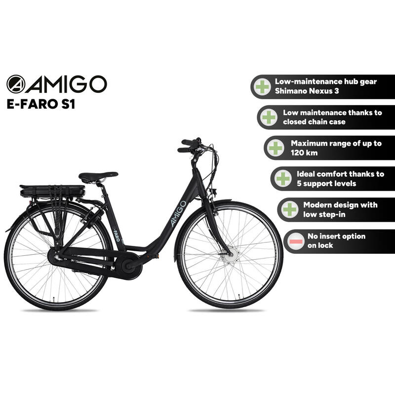 AMIGO Vélo de ville électrique E-Faro S1 28 Pouces 49 cm Femme 3SP V-Brake Noir